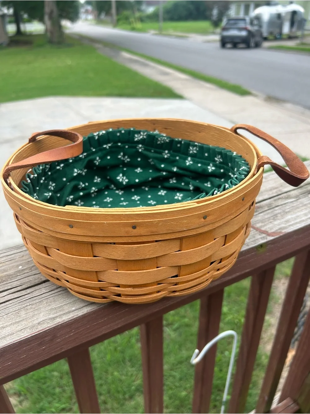 Longaberger Woven Basket with Green Floral Liner and Brown Leather Handles